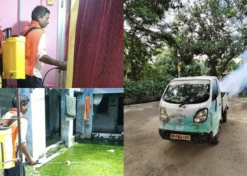 Patna Municipal Corporation workers carrying out fogging to control dengue and mosquitoes