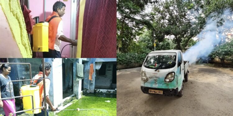 Patna Municipal Corporation workers carrying out fogging to control dengue and mosquitoes