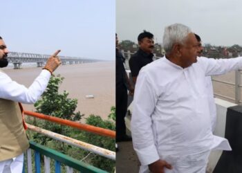 Bihar Chief Minister Samrat Chaudhary and former Chief Minister Nitish Kumar inspecting rising Ganga water levels during the flood situation