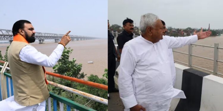 Bihar Chief Minister Samrat Chaudhary and former Chief Minister Nitish Kumar inspecting rising Ganga water levels during the flood situation