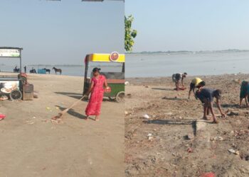 Patna Municipal Corporation workers clean Ganga ghats and remove silt as the river water level falls