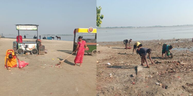 Patna Municipal Corporation workers clean Ganga ghats and remove silt as the river water level falls