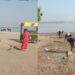 Patna Municipal Corporation workers clean Ganga ghats and remove silt as the river water level falls