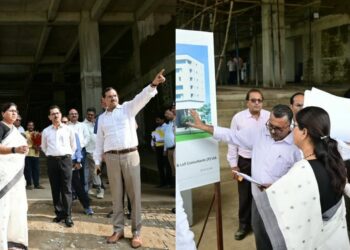 Bihar Building Construction Minister Leshi Singh inspecting the under-construction MLA hostel in Patna