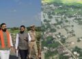 Bihar Chief Minister Samrat Choudhary conducting an aerial survey of flood-affected areas and inspecting the rising Gandak River water level