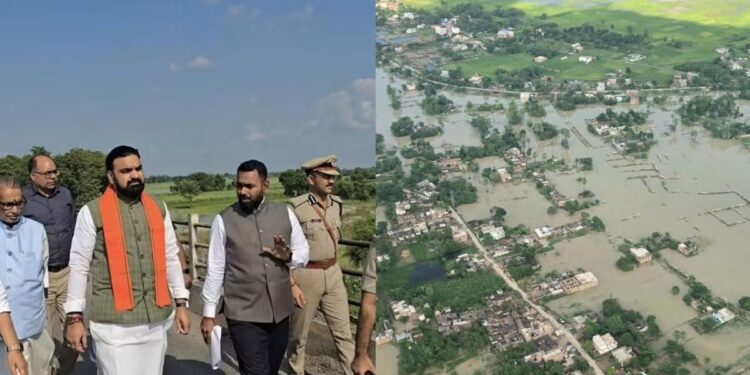 Bihar Chief Minister Samrat Choudhary conducting an aerial survey of flood-affected areas and inspecting the rising Gandak River water level