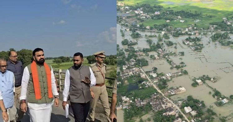 Bihar Chief Minister Samrat Choudhary conducting an aerial survey of flood-affected areas and inspecting the rising Gandak River water level