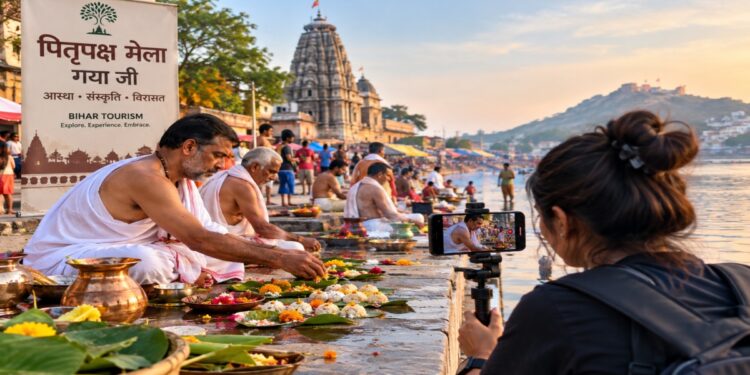 AI-generated representative image of a content creator filming Pitripaksh Mela rituals and Gaya’s cultural heritage