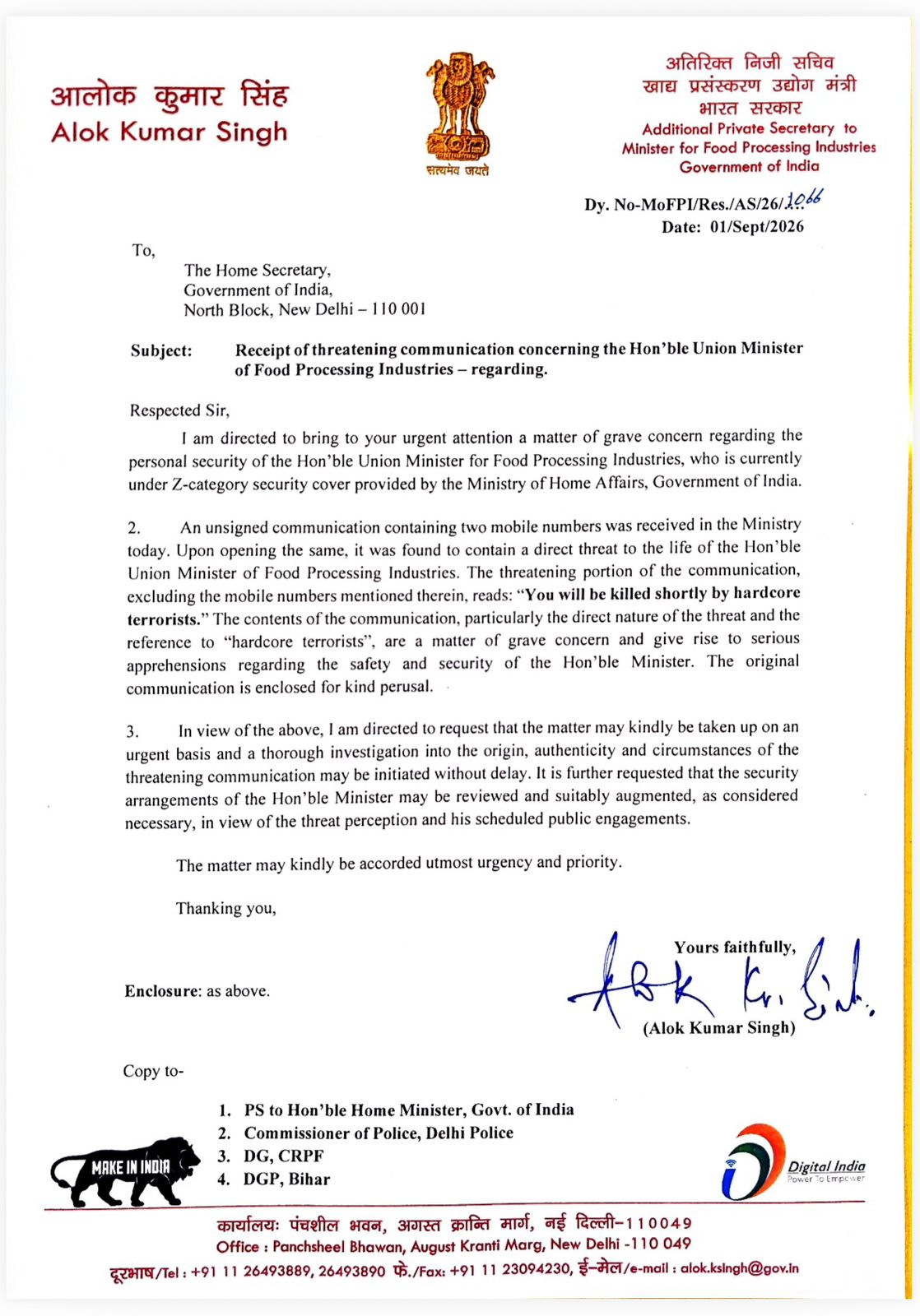 Chirag Paswan Gets Death Threat—Who Sent the Message That Alarmed Security Agencies?
𝘈𝘯 𝘶𝘯𝘴𝘪𝘨𝘯𝘦𝘥 𝘮𝘦𝘴𝘴𝘢𝘨𝘦 𝘴𝘦𝘯𝘵 𝘵𝘰 𝘵𝘩𝘦 𝘜𝘯𝘪𝘰𝘯 𝘔𝘪𝘯𝘪𝘴𝘵𝘳𝘺 𝘰𝘧 𝘍𝘰𝘰𝘥 𝘗𝘳𝘰𝘤𝘦𝘴𝘴𝘪𝘯𝘨 𝘐𝘯𝘥𝘶𝘴𝘵𝘳𝘪𝘦𝘴 𝘢𝘭𝘭𝘦𝘨𝘦𝘥𝘭𝘺 𝘵𝘩𝘳𝘦𝘢𝘵𝘦𝘯𝘦𝘥 𝘵𝘰 𝘬𝘪𝘭𝘭 𝘵𝘩𝘦 𝘜𝘯𝘪𝘰𝘯 𝘮𝘪𝘯𝘪𝘴𝘵𝘦𝘳; 𝘩𝘪𝘴 𝘰𝘧𝘧𝘪𝘤𝘦 𝘩𝘢𝘴 𝘴𝘰𝘶𝘨𝘩𝘵 𝘢𝘯 𝘪𝘯𝘷𝘦𝘴𝘵𝘪𝘨𝘢𝘵𝘪𝘰𝘯 𝘢𝘯𝘥 𝘦𝘯𝘩𝘢𝘯𝘤𝘦𝘥 𝘴𝘦𝘤𝘶𝘳𝘪𝘵𝘺.
#Bihar #ChiragPaswan #Security #BiharPolitics #BiharNews
https://patnapress.com/chirag-paswan-death-threat-security-review-home-ministry/