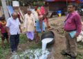 Food safety officials inspect milk samples at a dairy in Danapur, Patna