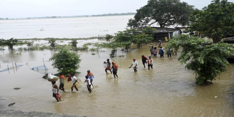 Representative image of rising Gandak River floodwater near West Champaran after high discharge from Valmikinagar Barrage