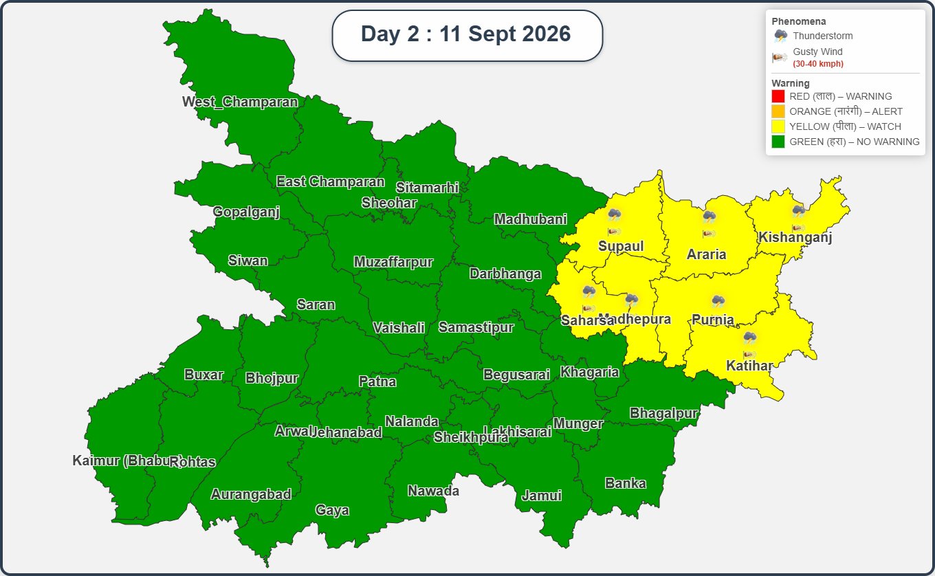 Bihar Weather Today (Sept 11): Yellow Alert in 7 Districts, Rain and Lightning Likely