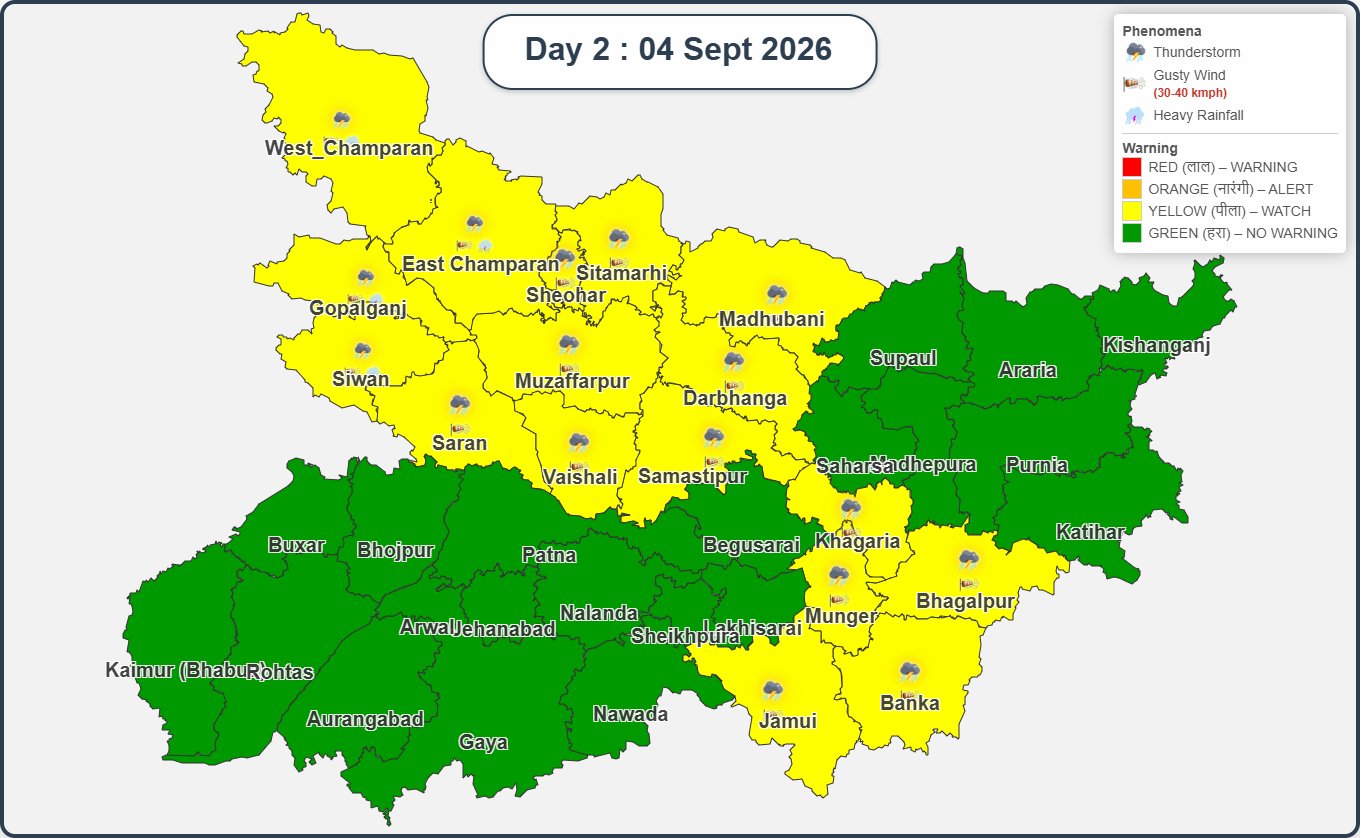 Bihar Weather Today (Sept 4): Heavy Rain Alert in 4 Districts, Thunderstorms and Strong Winds Likely