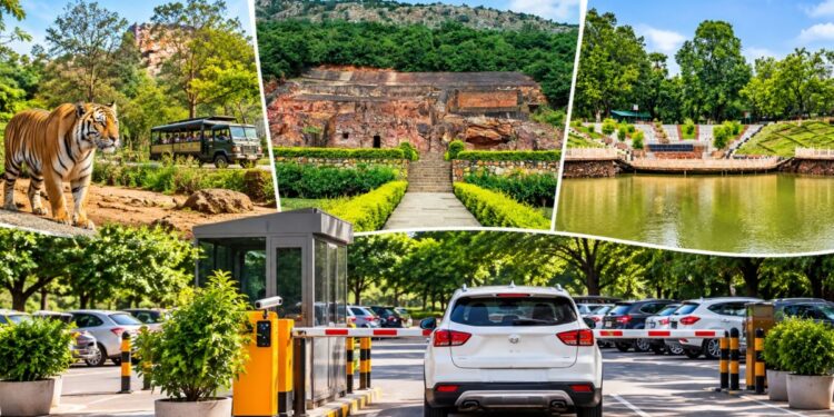 Representative image of tourists and vehicles at a parking facility near Rajgir's tourism sites