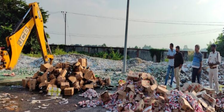 7,500 Litres of Liquor Seized in 69 Cases Destroyed by Bulldozer in Gopalganj