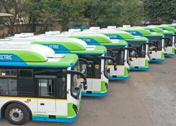 Electric bus operating on a road in Bihar as the state plans to expand its public transport network