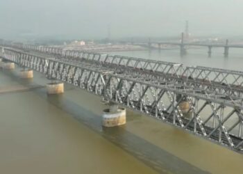 New Mokama rail bridge over the Ganga in Bihar during ongoing work to connect it with the existing railway network