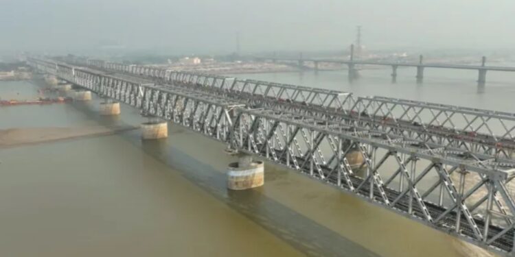 New Mokama rail bridge over the Ganga in Bihar during ongoing work to connect it with the existing railway network