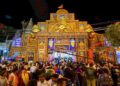 Durga Puja pandal with fire-safety preparations in Bihar
