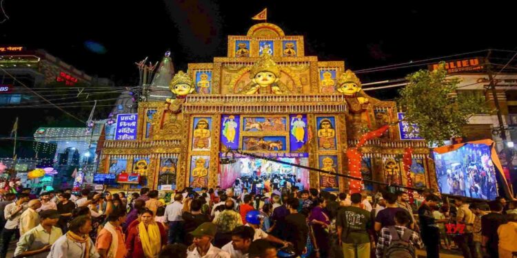 Durga Puja pandal with fire-safety preparations in Bihar