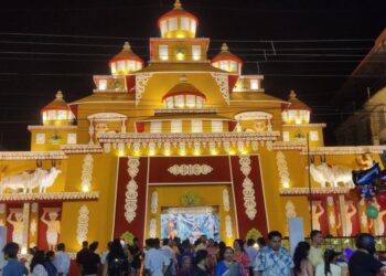Durga Puja pandal in Patna with temporary electricity arrangements