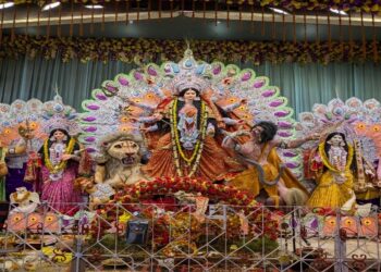Durga Puja Pandal in Bihar with Safety Guidelines in Place