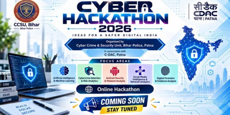 Bihar Police Cyber Hackathon 2026 poster inviting college students to participate and win cash prizes of up to Rs 1.5 lakh.