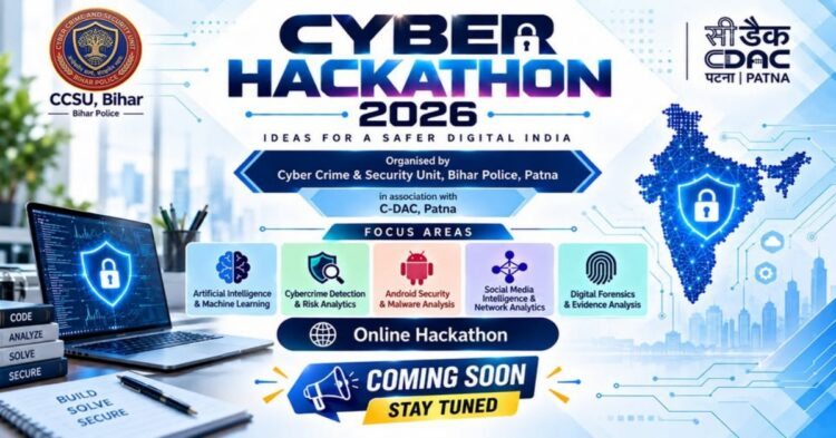Bihar Police Cyber Hackathon 2026 poster inviting college students to participate and win cash prizes of up to Rs 1.5 lakh.