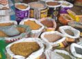 Rice and pulses displayed at a Patna grocery market amid rising festive-season prices