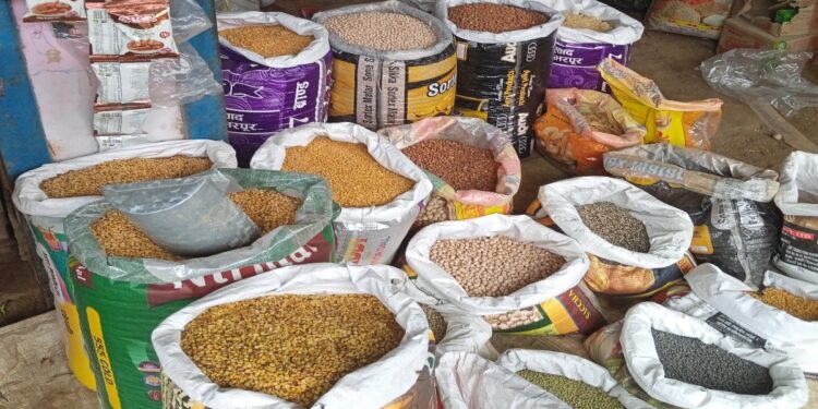 Rice and pulses displayed at a Patna grocery market amid rising festive-season prices