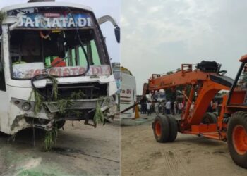 Patna-bound passenger bus overturned on NH-27 in Madhubani after hitting a divider