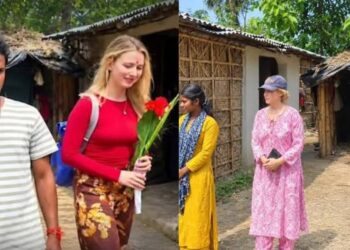 British NGO representative Andrea Connolly during a village visit in Purnia, Bihar, in a video falsely circulated as a Russian woman’s marriage story.