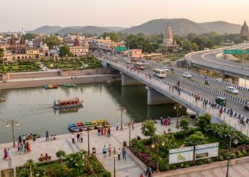 AI Generated Representative Image Of Proposed Bodh Gaya master plan with Mahabodhi Corridor and Falgu Riverfront