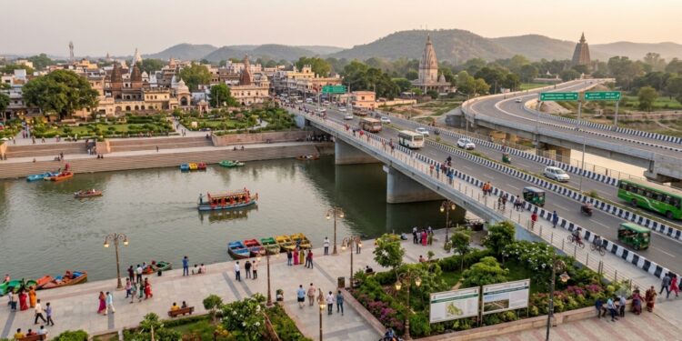 AI Generated Representative Image Of Proposed Bodh Gaya master plan with Mahabodhi Corridor and Falgu Riverfront