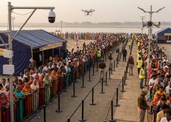 AI-generated representative image of crowd management with CCTV cameras, drones and a control room at a major public event in Bihar