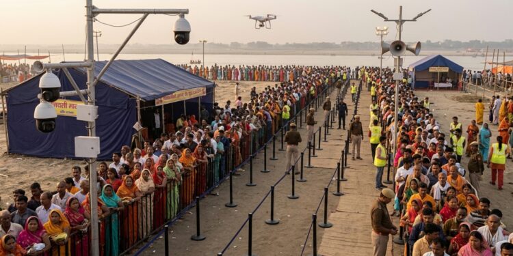AI-generated representative image of crowd management with CCTV cameras, drones and a control room at a major public event in Bihar