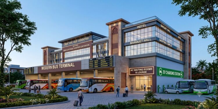 AI Generated Representative Image Of Proposed five-storey modern bus terminal with AC waiting rooms and commercial facilities in Bihar