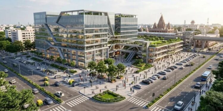 AI-generated view of Patna’s proposed New Market redevelopment featuring a seven-storey mall and vendor market.