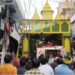 Fire breaks out at a Durga Puja pandal in Patel Nagar, Patna, as firefighters work to bring the blaze under control.