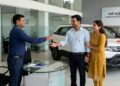 AI Generated Representative image of a new car at a dealership, illustrating Bihar Transport Department’s revised vehicle registration rules.