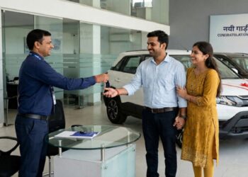 AI Generated Representative image of a new car at a dealership, illustrating Bihar Transport Department’s revised vehicle registration rules.