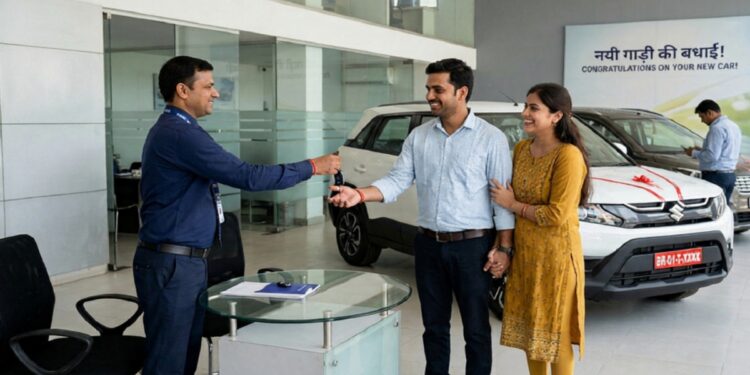 AI Generated Representative image of a new car at a dealership, illustrating Bihar Transport Department’s revised vehicle registration rules.