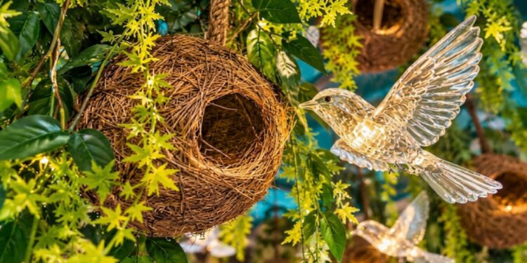 AI Generated Representative Image of Patna’s Durga Puja Pandal In Bhikhna Pahari Decorated With 1,000 Artificial Nests And Sparrows