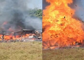 fire-damaged house in Muzaffarpur’s Paru block after a blaze destroyed five houses and two LPG cylinders exploded.