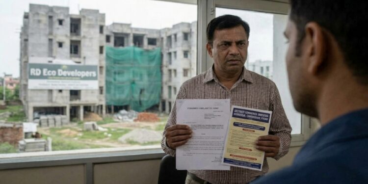 AI Gnereated Representative image of a consumer dispute involving a builder ordered to pay Rs 11.25 lakh for missing flat amenities and an insurer directed to settle a rejected vehicle insurance claim in Patna.